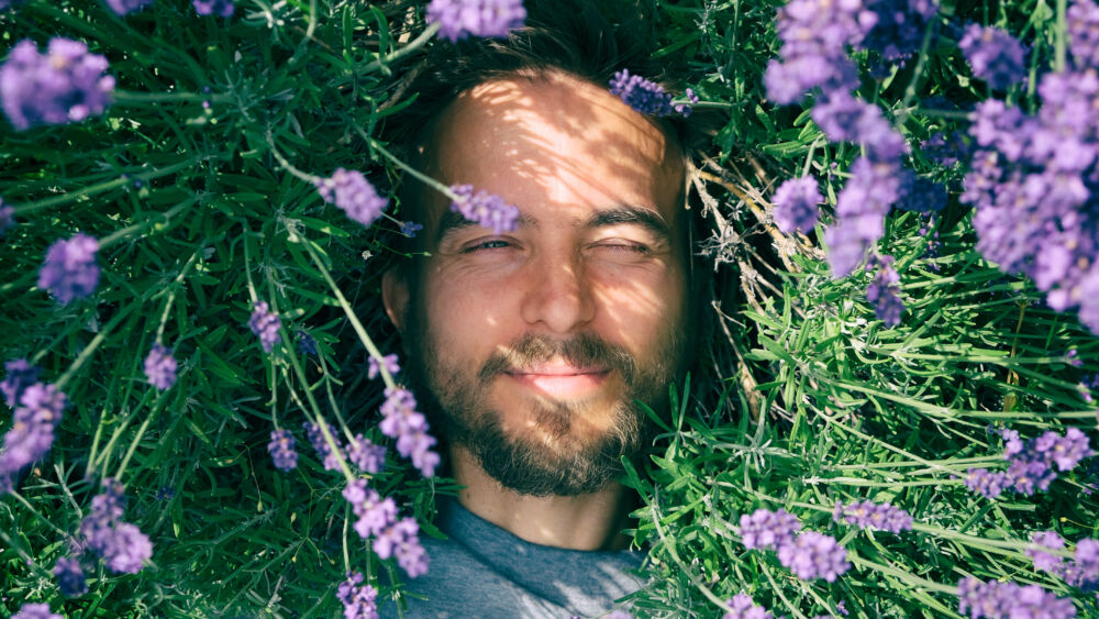 Portrait of young handsome bearded man lying among lavender flowers in blossom field. Happy smiling guy relax on the grass on sunny summer day. Freedom, love nature concept.