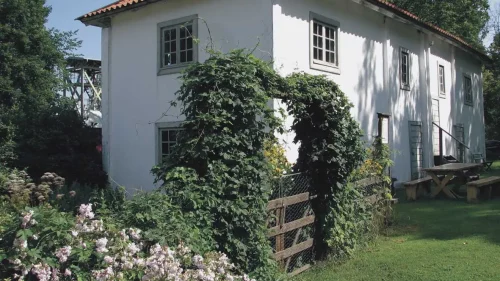 Vitt hus med blommor och grönska omkring