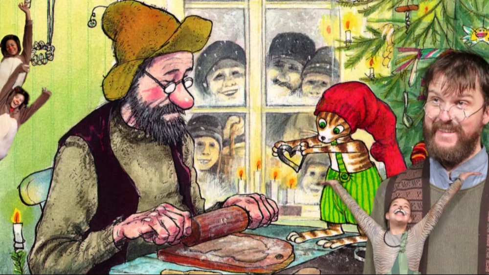Barnbokskaraktärerna Pettson och Findus sitter vid ett bord
