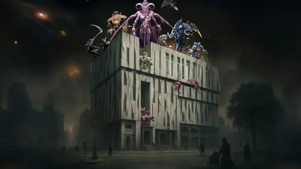 Byggnaden UKK med Warhammer figurer ovanpå
